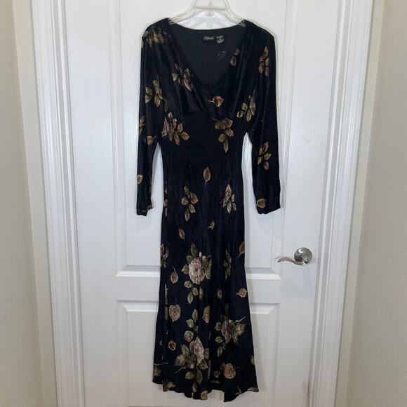 Y2K Vintage Crushed Velvet Maxi Dress Dark Floral Whimsigoth Fairygrunge Black 6 - Picture 1 of 4